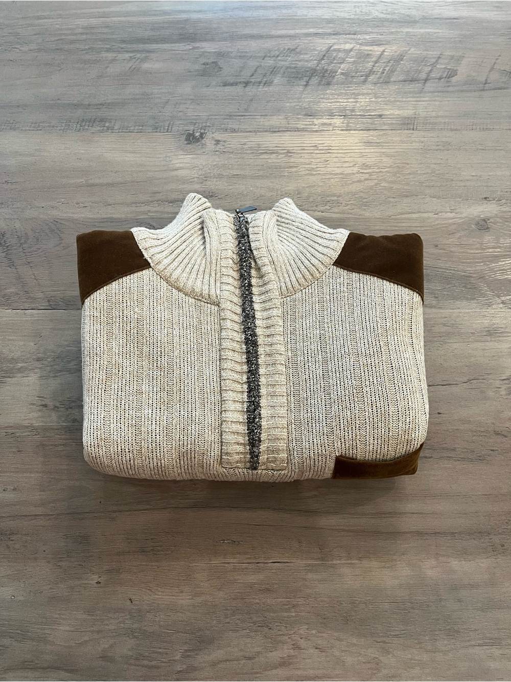 Men's Half-Zip Cream Knit Sweater with Brown Elbow Patches